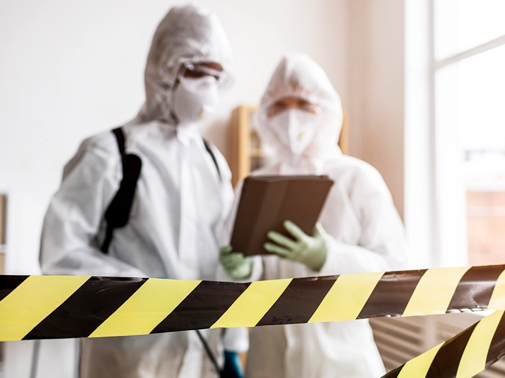 A professional in protective gear assesses a room for the unattended death cleanup process, highlighting safety and thoroughn