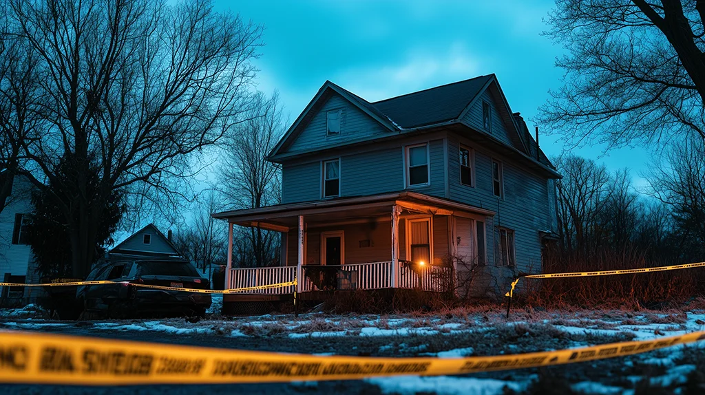 A team in protective gear cleans a room, illustrating crime scene cleanup responsibility, with various cleaning tools visible
