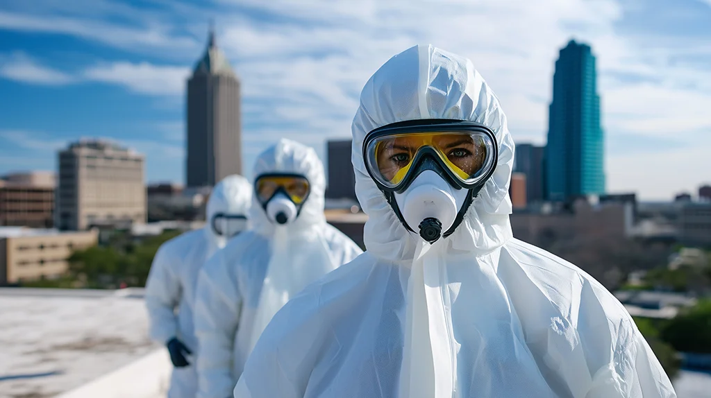 Local experts in hazmat suits performing unattended death cleanup Dallas, ensuring safety and thorough sanitation.