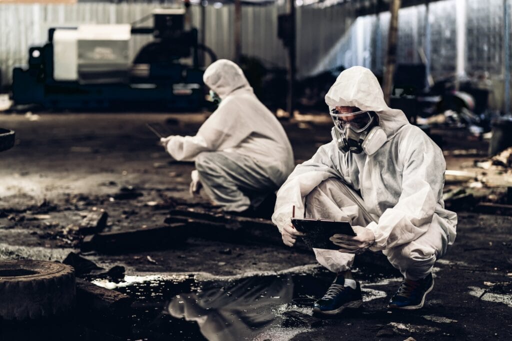 Scientist in chemical protection suit examines hazardous chemical in a laboratory setting.